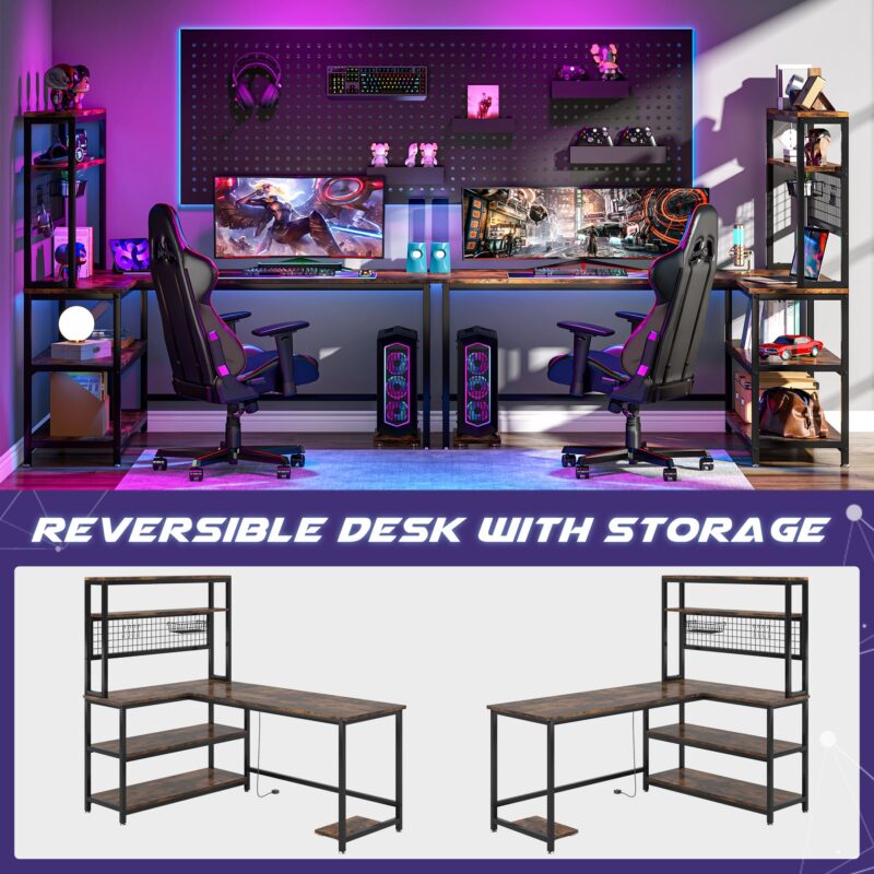 55" Reversible L-Shaped Desk with Wireless Charging & Shelves - Image 5