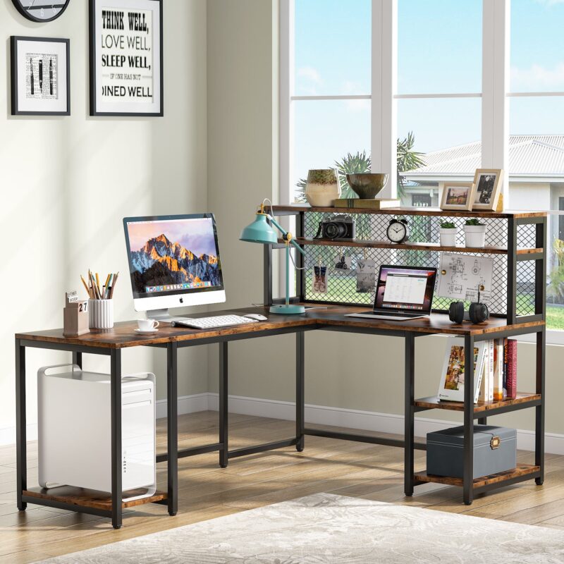 L-Shaped Desk, 67" Reversible Large Computer Writing Desk with Hutch - Image 3