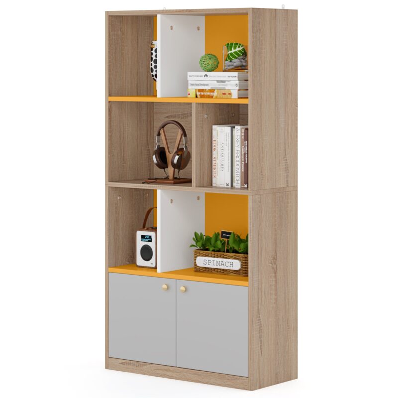 Bookshelf, 65" Tall Freestanding Cube Bookcase with Doors & Open Shelves