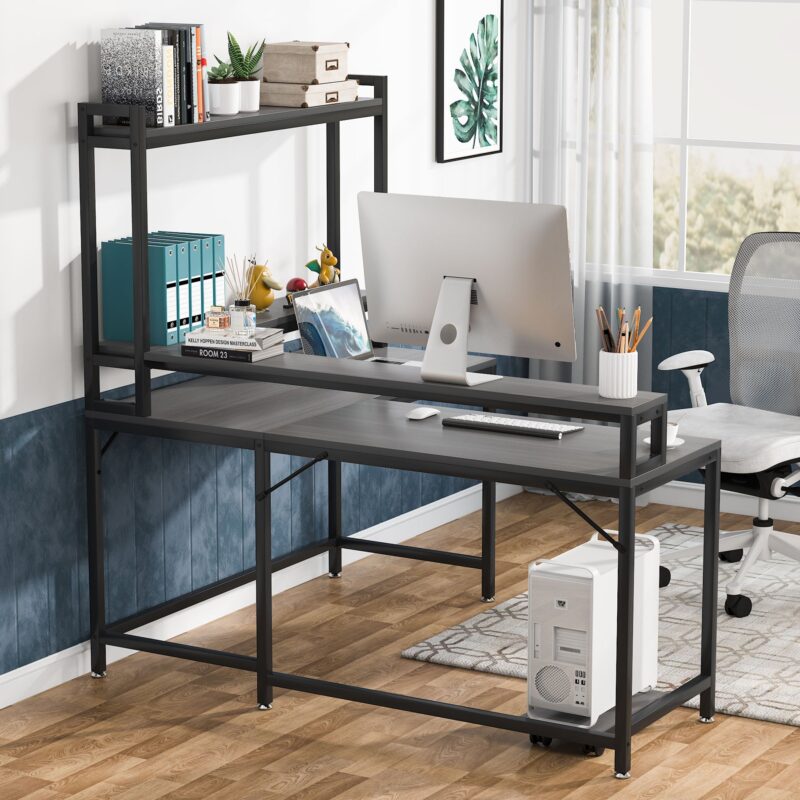 L-Shaped Desk, Corner Computer Desk with Hutch and Monitor Stand - Image 8