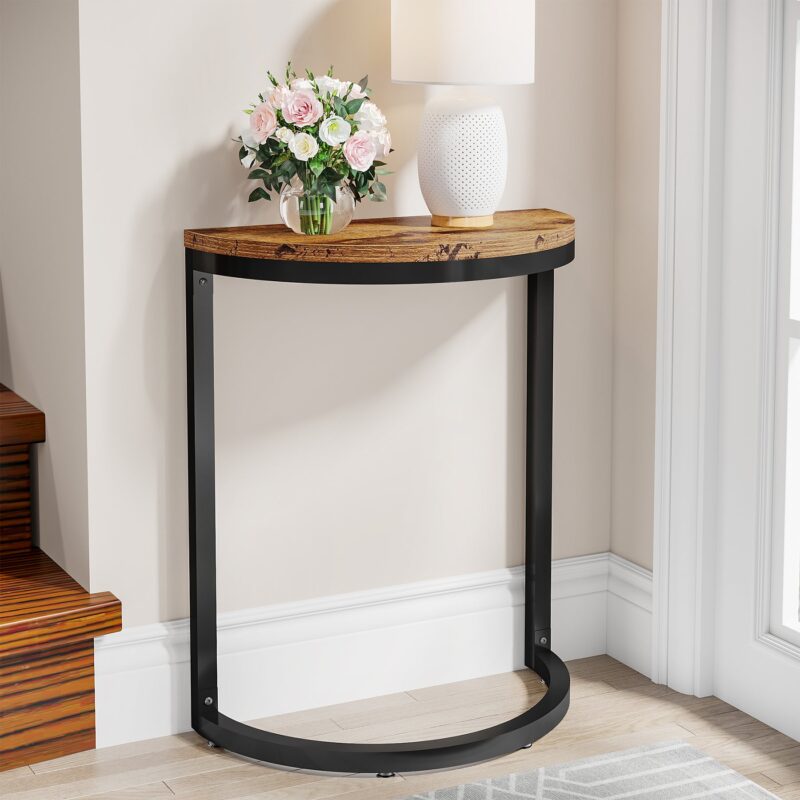 End Table, Half Round Narrow Side Table with Metal Frame - Image 3