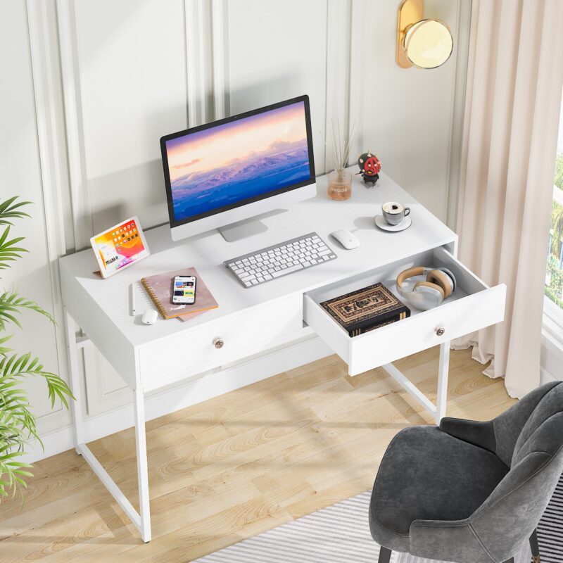 47" Computer Desk, Modern Writing Desk with 2 Drawers - Image 6