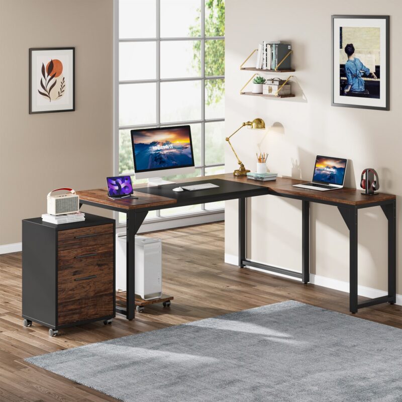 L-Shaped Desk, 63" Executive Computer Desk with Mobile File Cabinet - Image 2