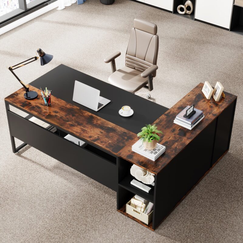 L-Shaped Desk, 71 inch Executive Desk with Shelves & Cabinet - Image 4