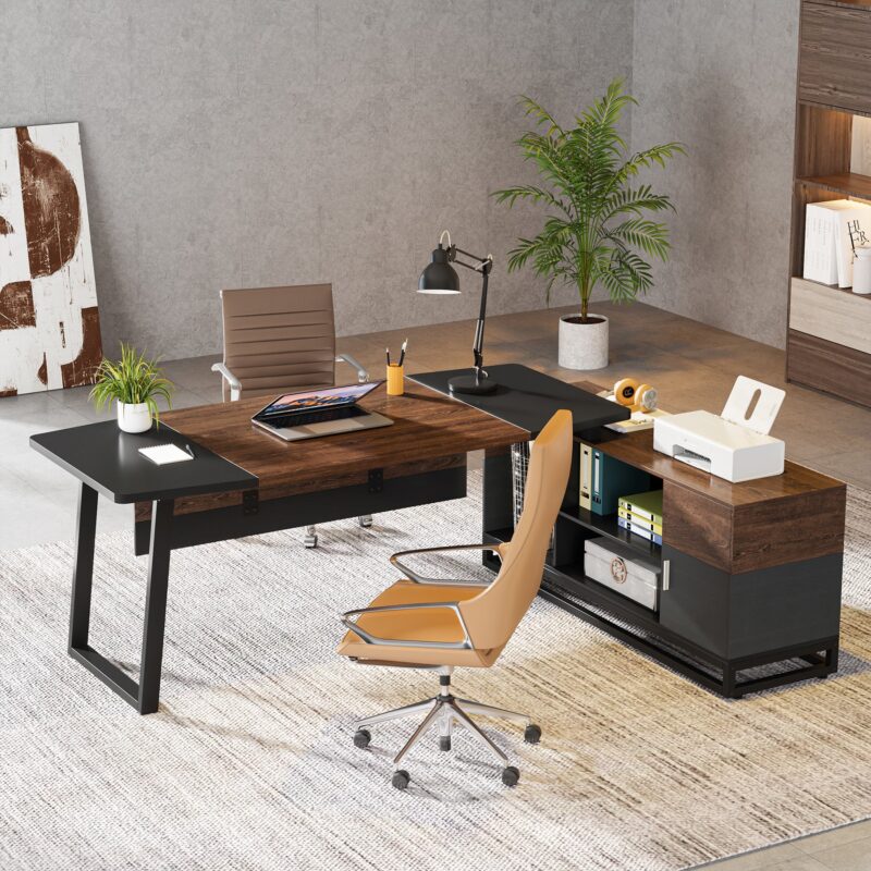 L-Shaped Desk, 67" Executive Desk with 55" Lateral File Cabinet - Image 4