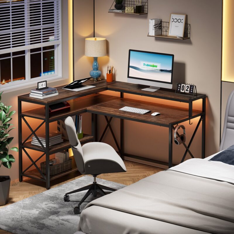 L-Shaped Desk, Reversible Corner Desk with Storage Shelves and Monitor Stand - Image 3