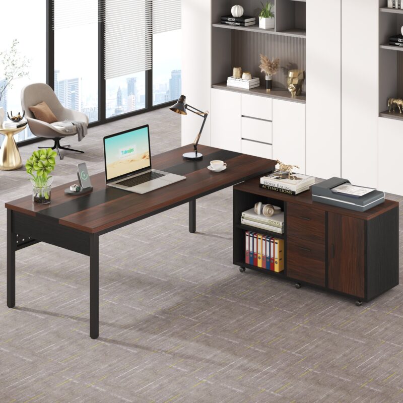 L-Shaped Desk, 71" Executive Desk with 47" Mobile File Cabinet - Image 2