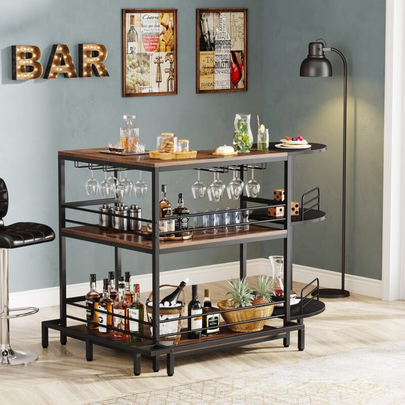 Home Bar Unit, 3-Tier L-Shaped Liquor Bar Table with Glass Holders - Image 5