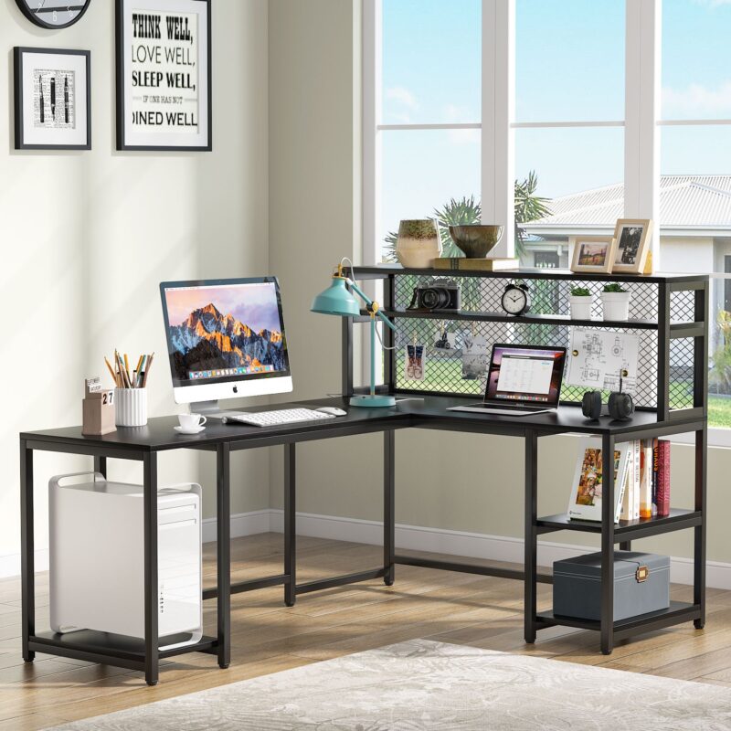 L-Shaped Desk, 67" Reversible Large Computer Writing Desk with Hutch - Image 8