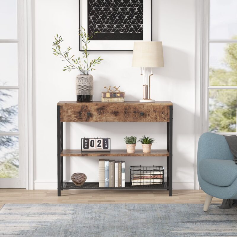 Console Table, Rustic Sofa Side Table With Drawer & 2-Tier Storage Shelves - Image 3