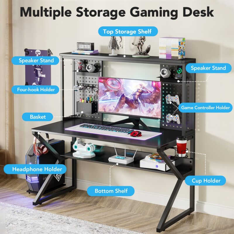 Gaming Desk, 47’’ Computer Desk with Shelves & K-Shaped Leg - Image 4