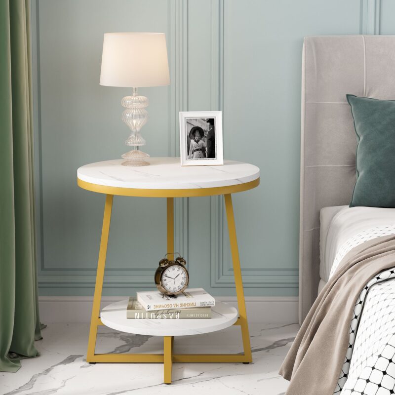 End Table, 2 Tier Round Nightstand Bedside Table - Image 4