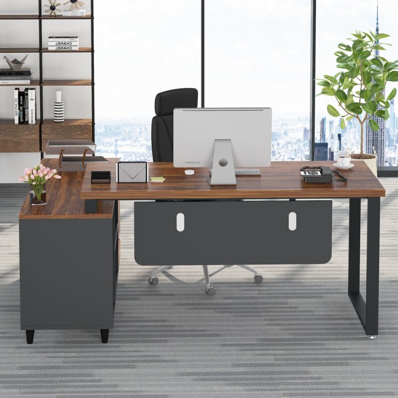 55 Inch L-Shaped Computer Executive Desk with 47 inch File Cabinet - Image 4