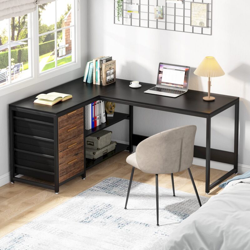 L-Shaped Desk, 59" Reversible Corner Desk with Drawers & Shelves - Image 3