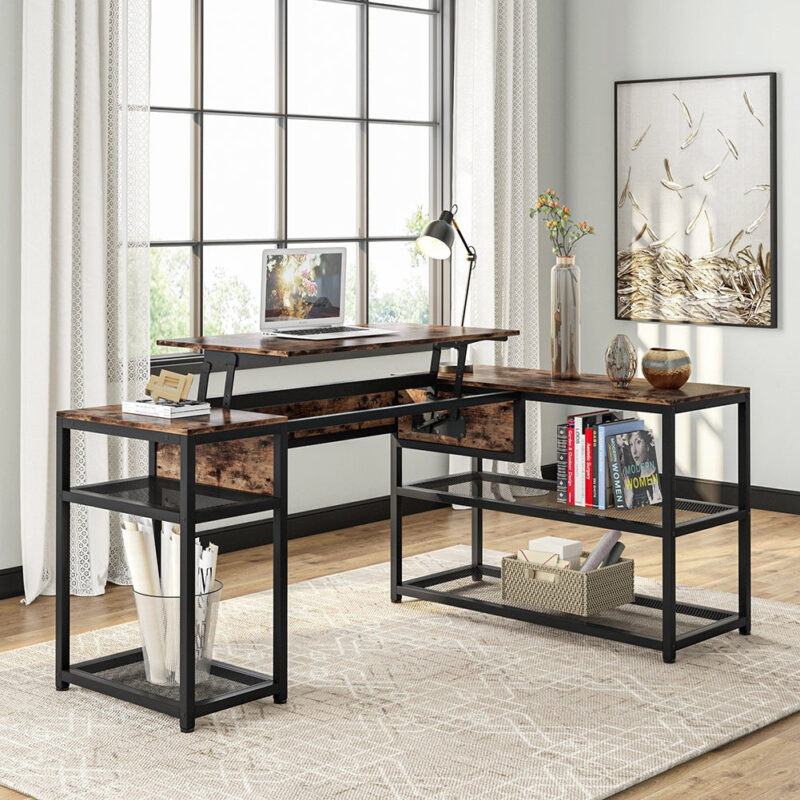 Lift Top L-Shaped Desk, Industrial Height Adjustable Corner Desk - Image 4