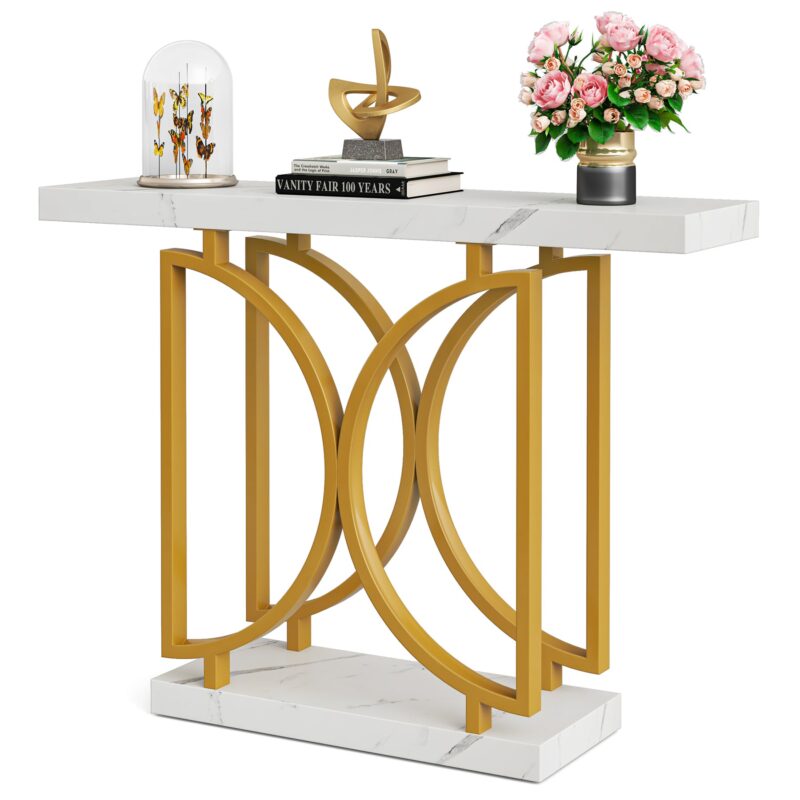 Console Table, Faux Marble Sofa Table with Double D-Shaped Metal Base