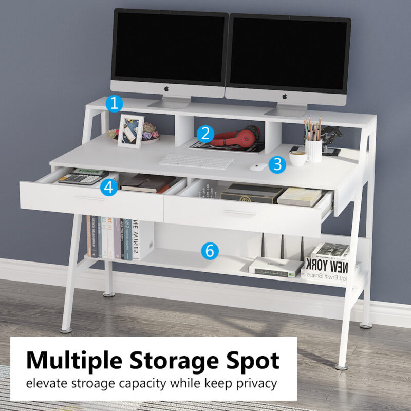 Computer Desk, 47" Writing Desk with Storage Shelf & Drawers - Image 4