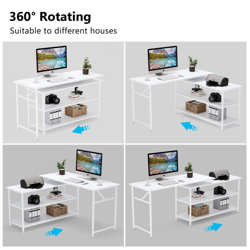 Rotating Desk, Modern L-Shaped Desk with Storage Shelves - Image 5