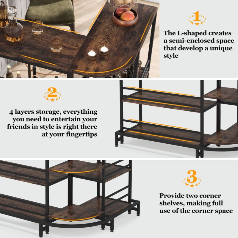 Bar Unit, 3-Tier L-Shaped Liquor Bar Table with Storage - Image 5