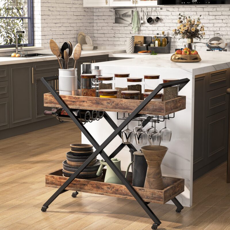 Bar Cart ,Mobile Serving Cart Kitchen Cart with 2-Tier Shelves - Image 4