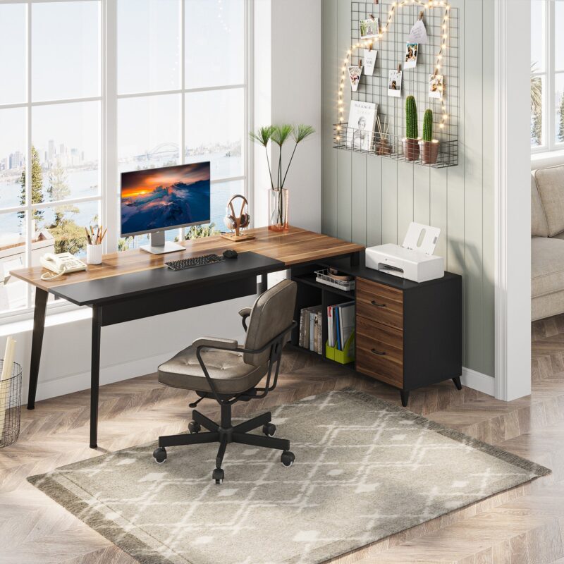 L-Shaped Desk, 70.9’’ Office Executive Desk with File Cabinet - Image 4