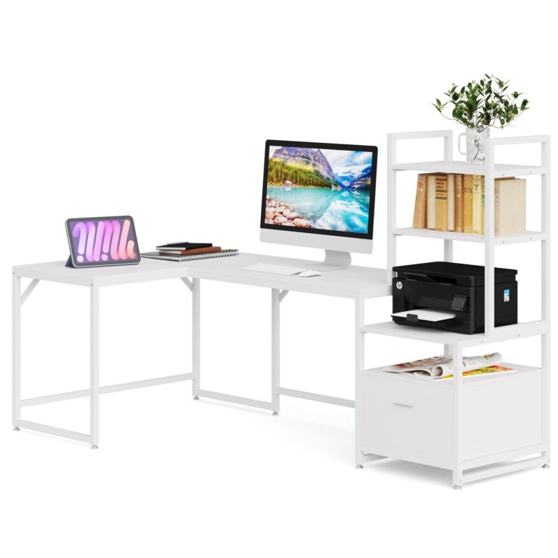 L-Shaped Desk, Computer Desk with 3 Tier Storage Shelves and File Drawer - Image 7