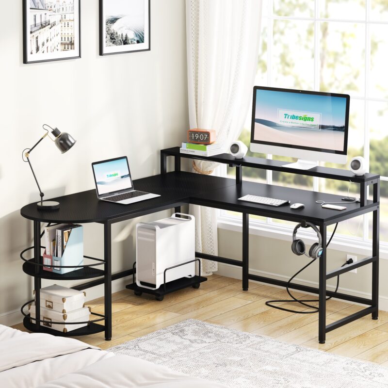 Gaming Desk, L Shaped Computer Desk with LED Strip & Shelves - Image 2