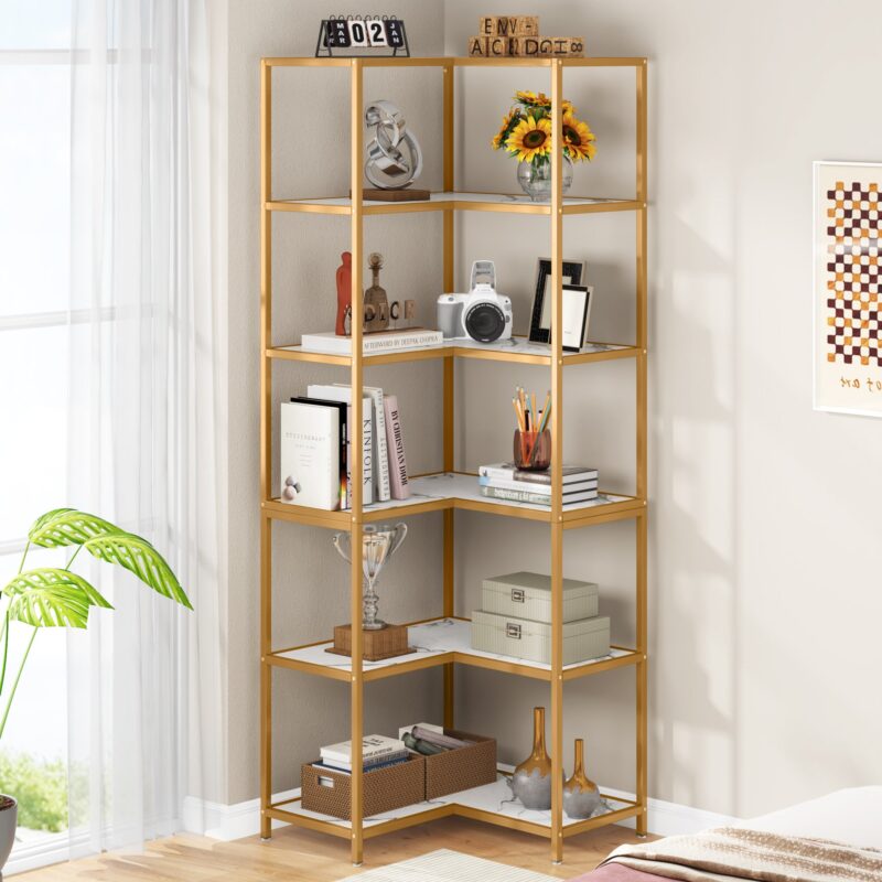 Corner Bookshelf, 70.5" L-Shaped 6-Shelf Etagere Bookcase - Image 3