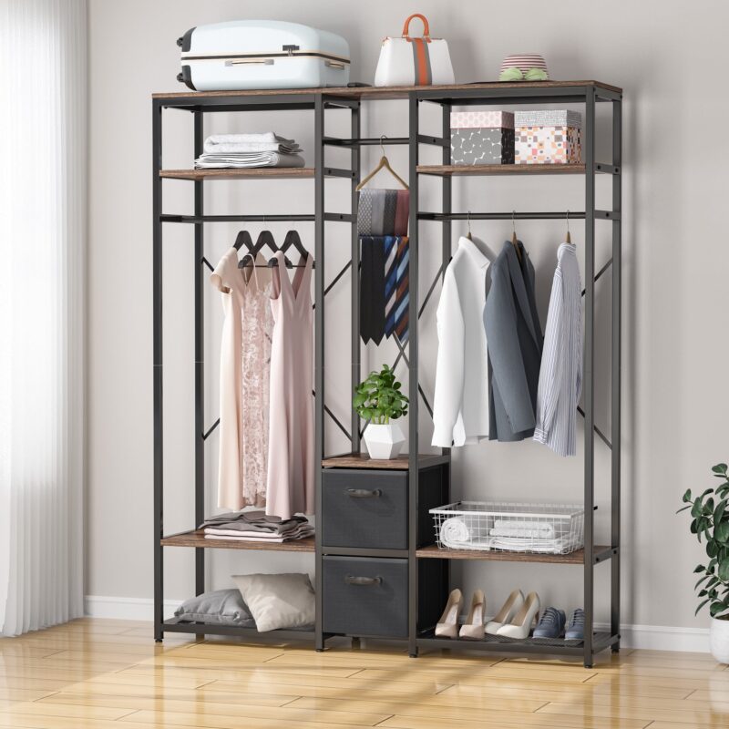 Freestanding Closet Organizer, Metal Garment Rack with Shelves - Image 3