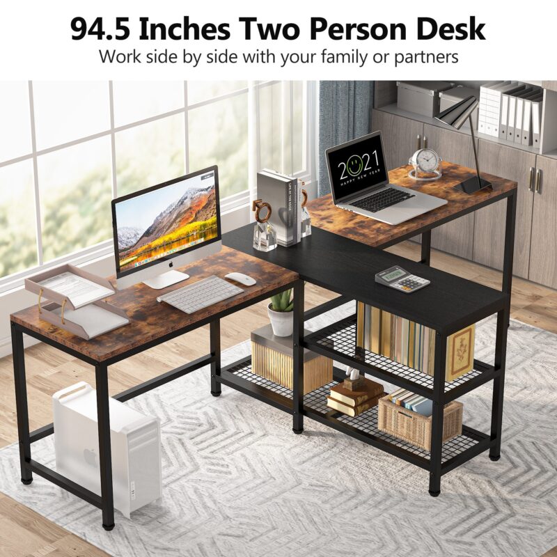 Two Person Desk, 94.5" Double Computer Desk with Shelves - Image 5