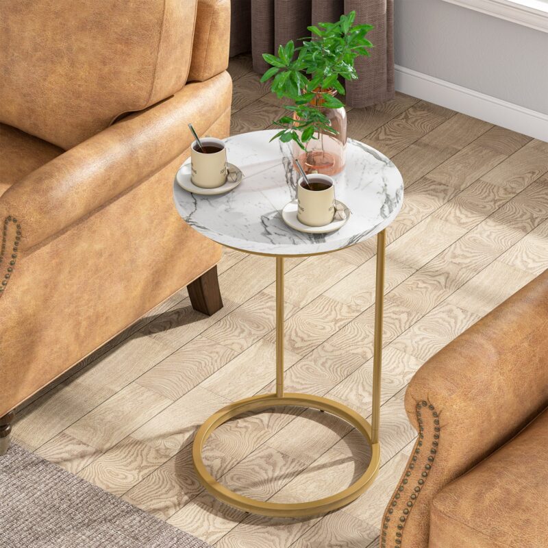 C Table, Round End Side Table with Faux Marble Top - Image 2