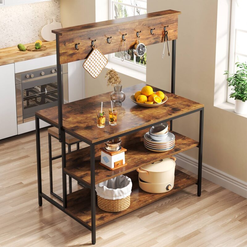 Kitchen Island, 3 Tiers Kitchen Storage Shelf with 14 Hooks - Image 5