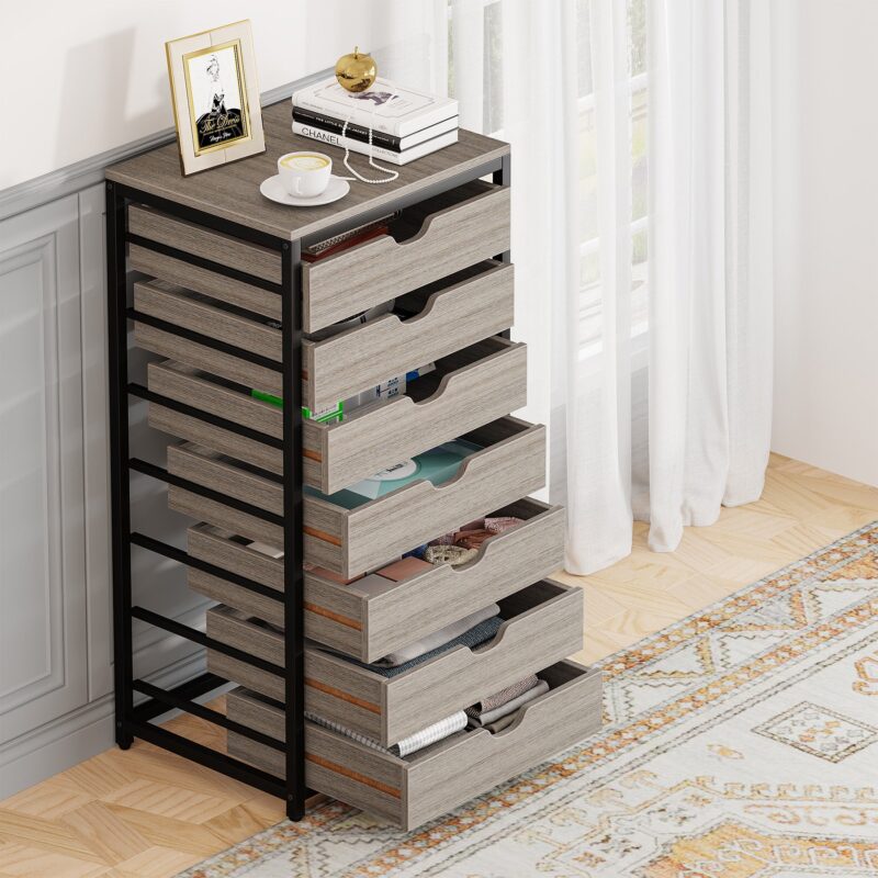 7 Drawer Chest, Industrial Storage Dresser Cabinet with Metal Legs - Image 9