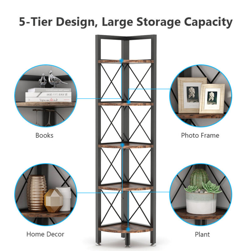 5 Tiers Corner Shelf, 63" Tall Corner Bookshelf & Bookcase - Image 5