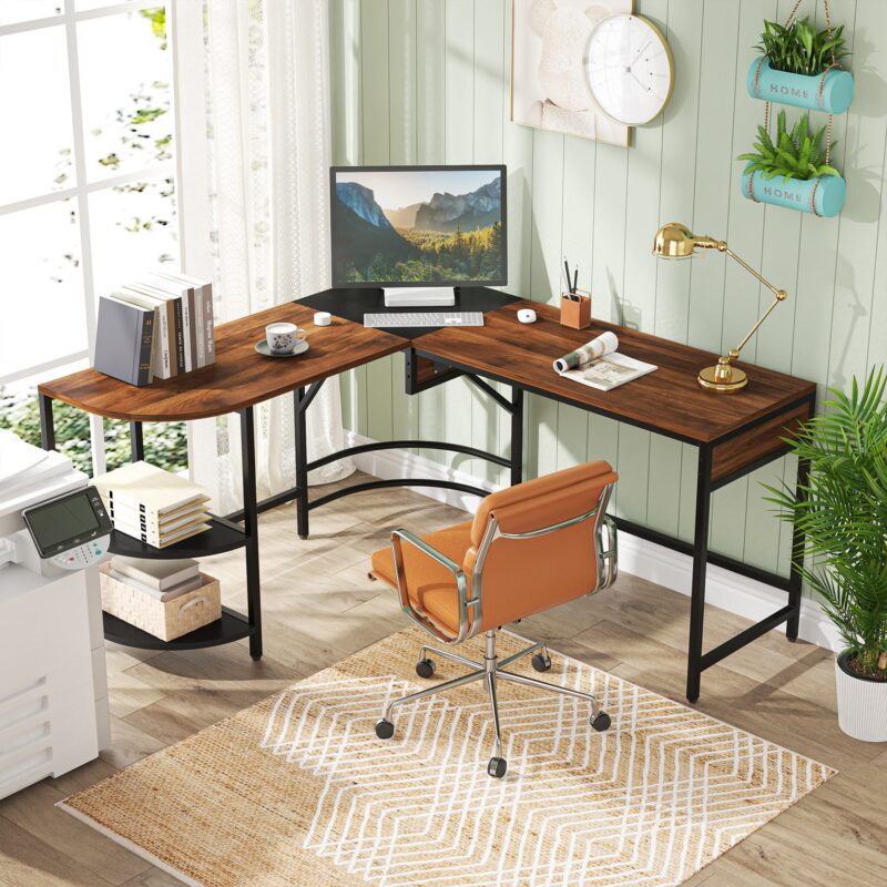 L-Shaped Desk with Lift Top, 59" Corner Computer Desk with Storage Shelves - Image 3