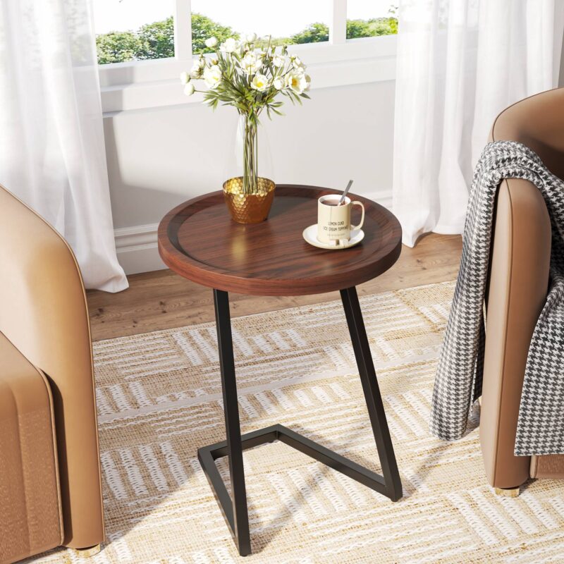 End Table, Round Side Snack Table with L-Shaped Metal Leg - Image 5