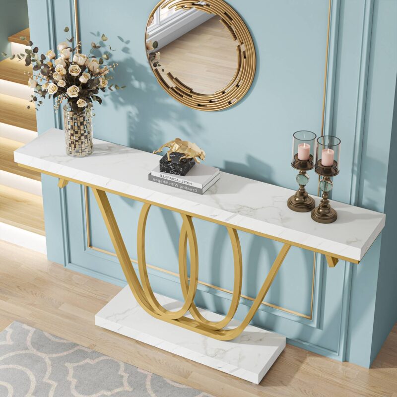 Console Table, 55 Inch Entryway Table Faux Marble Sofa Table - Image 5