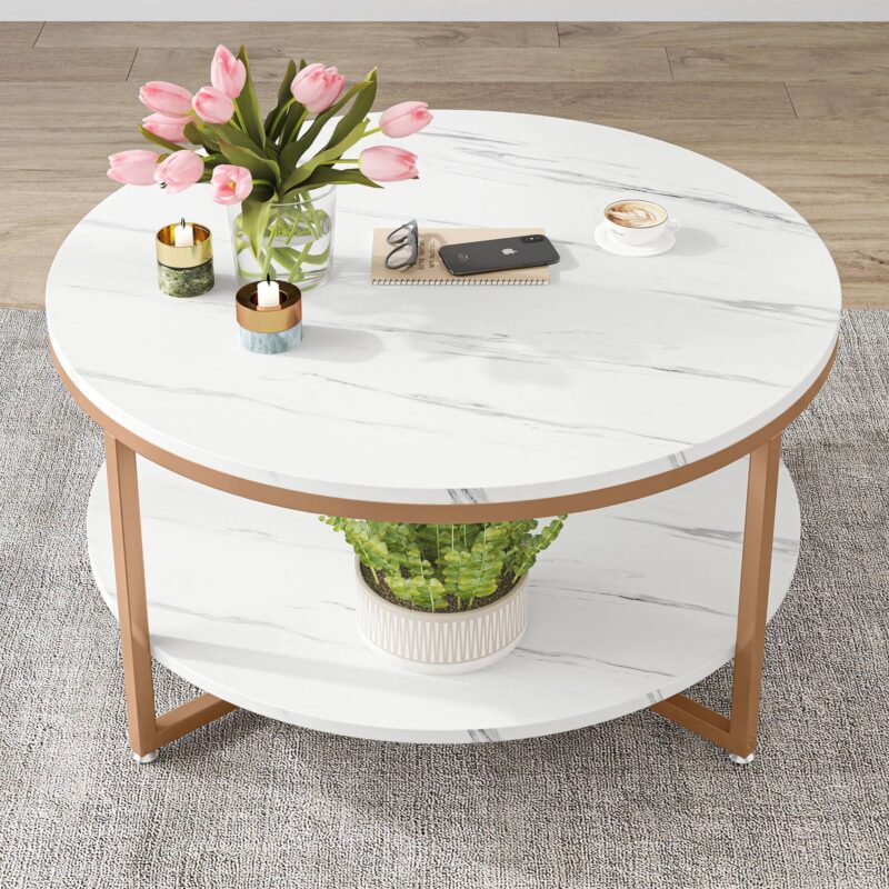 Coffee Table, 2-tier Round Tea Table with Faux Marble Tabletop - Image 4