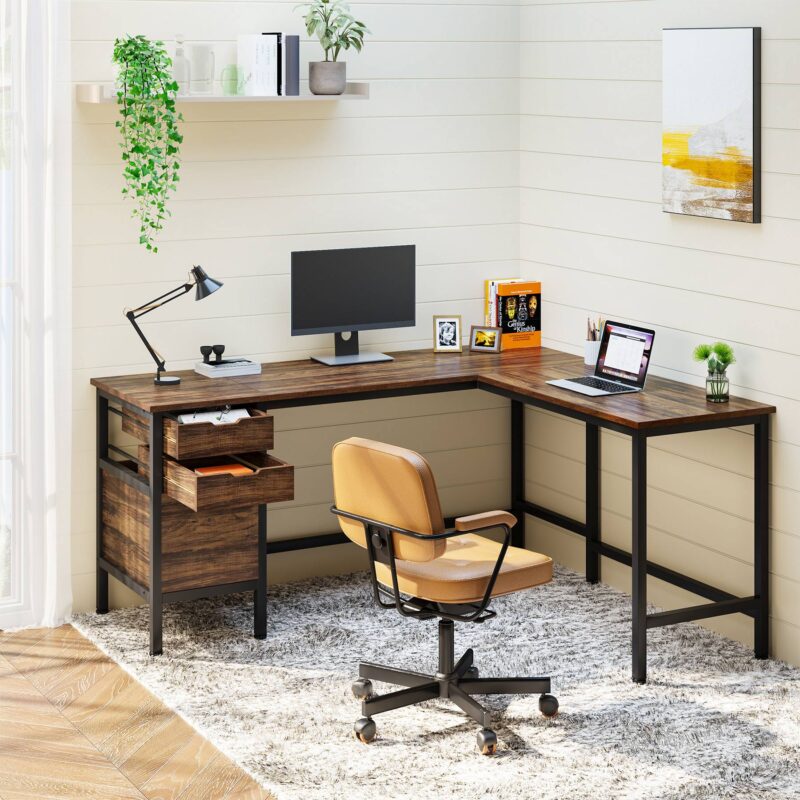 L-Shaped Desk, 59" Corner Computer Desk with Storage Drawers - Image 4