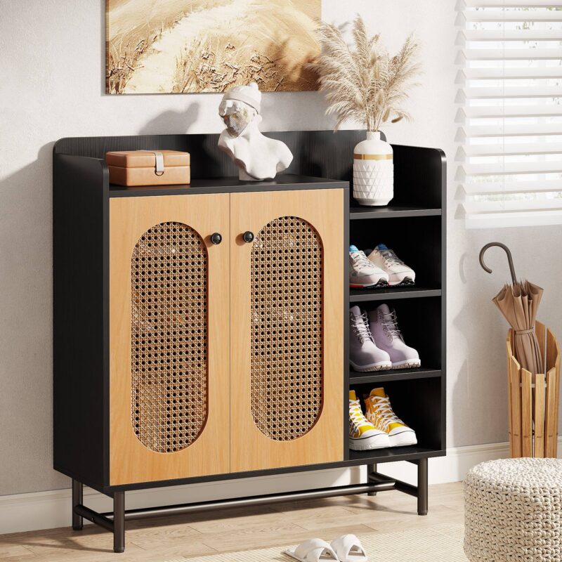 Shoe Cabinet, Rattan Shoe Storage Organizer with Doors & Open Shelves - Image 5