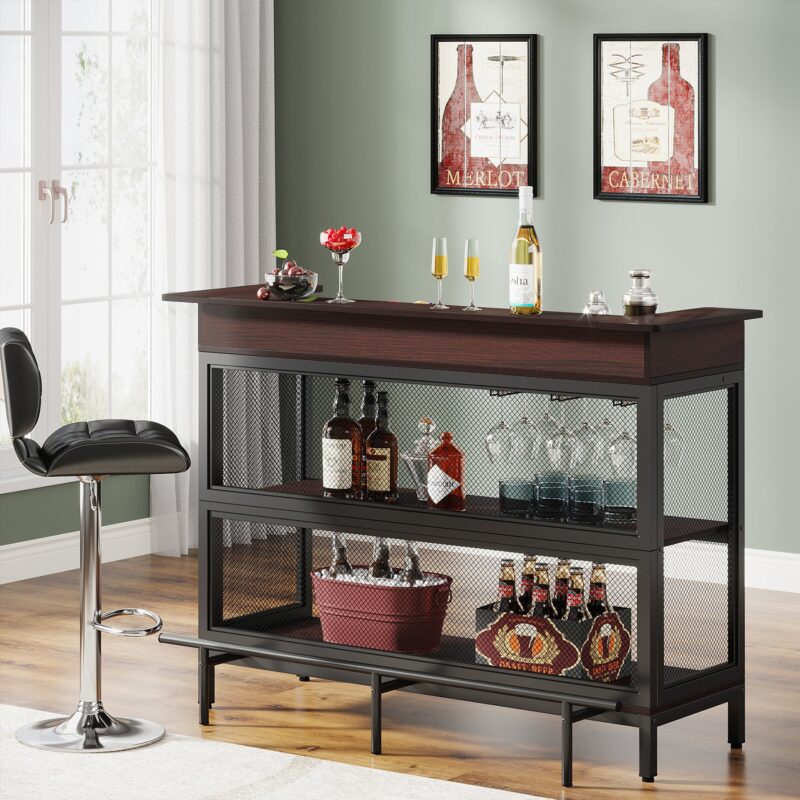 Home Bar Unit, Industrial 3 Tier Liquor Bar Table with Stemware Rack - Image 5