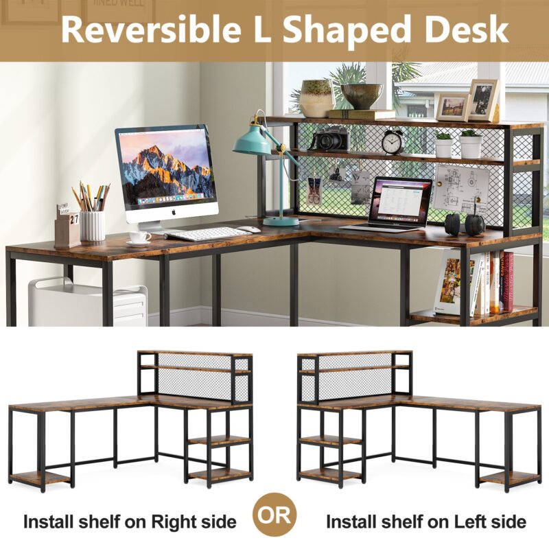 L-Shaped Desk, 67" Reversible Large Computer Writing Desk with Hutch - Image 4