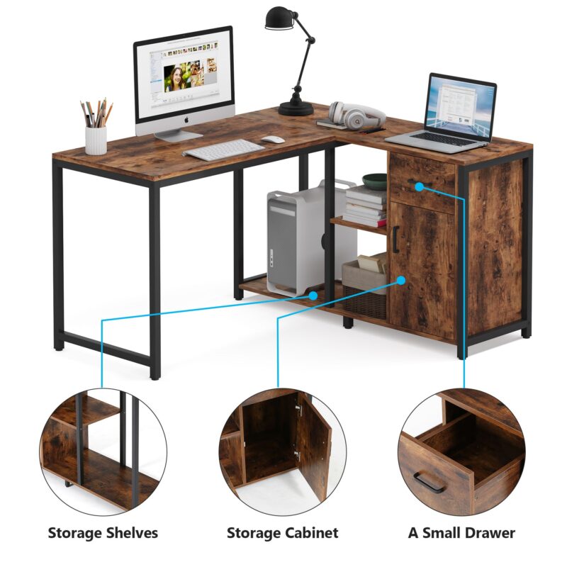 L Shaped Desk with Drawer Cabinet, 47 Inch Corner Desk - Image 6