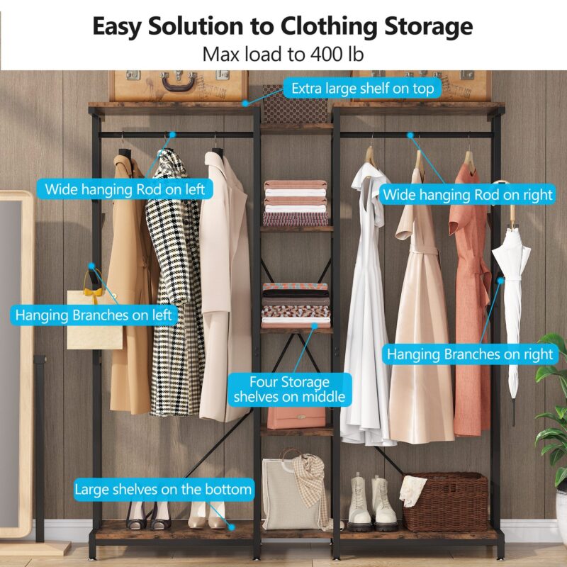 Freestanding Closet Organizer, Large Clothes Rack with Hooks & Shelves - Image 5