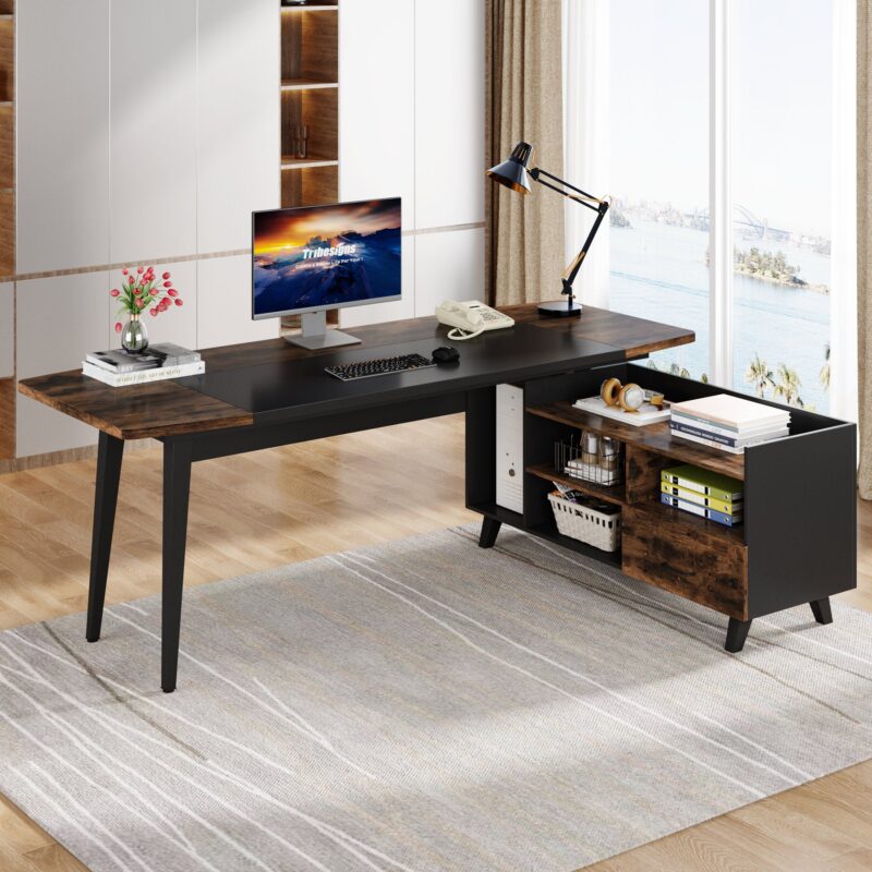 70.9" L-Shaped Executive Desk, Large Computer Desk with 47" File Cabinet - Image 3