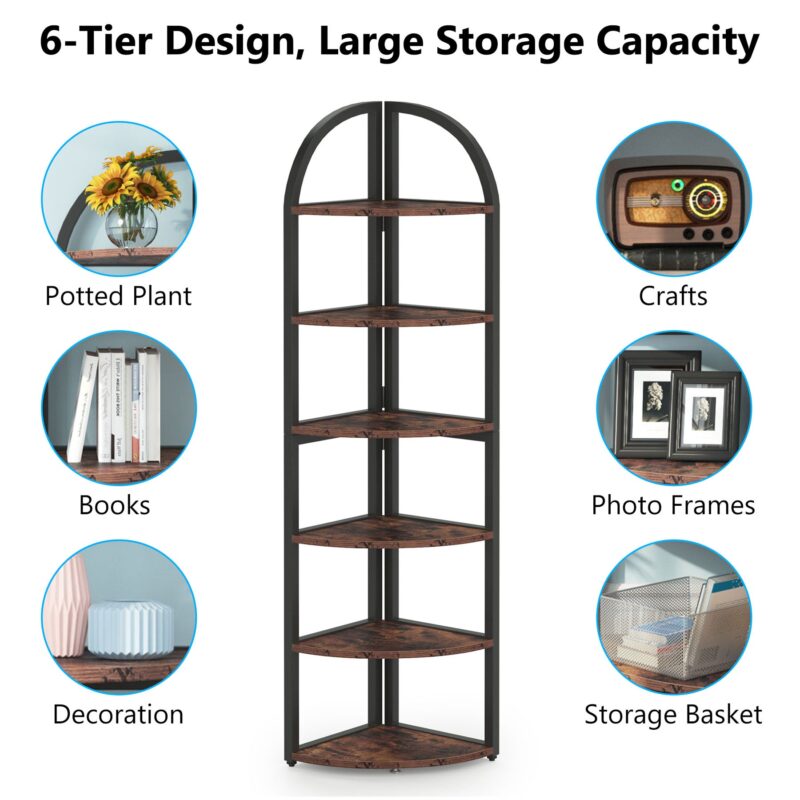 6 Tier Corner Shelf, 71 inch Tall Corner Bookshelf for Small Space - Image 5