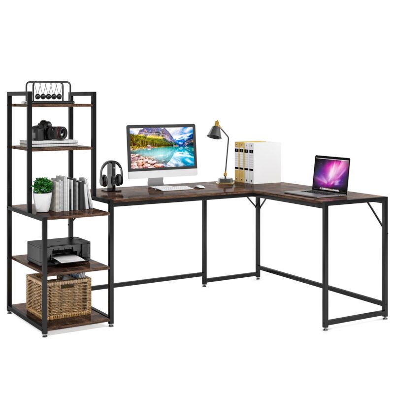 L-Shaped Desk, Reversible Corner Computer Desk with 5 Tier Shelves