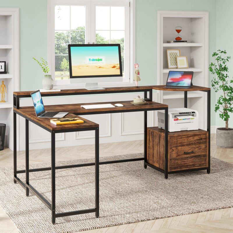 L-Shaped Desk, 67 Inch Corner Computer Desk with Hutch and Drawer - Image 5