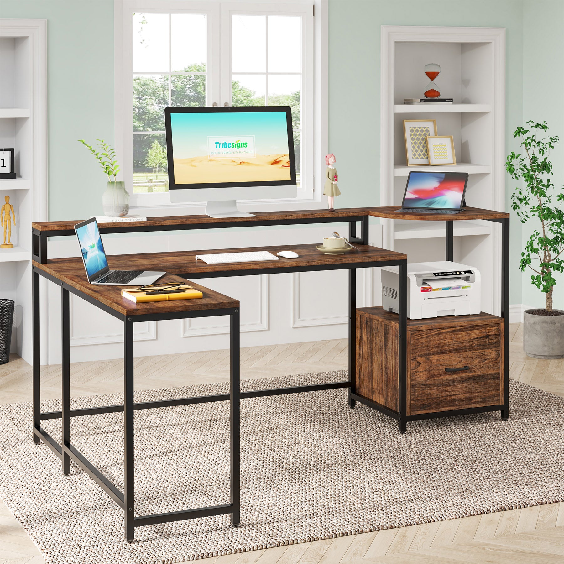 L-Shaped Desk, 67 Inch Corner Computer Desk with Hutch and Drawer ...