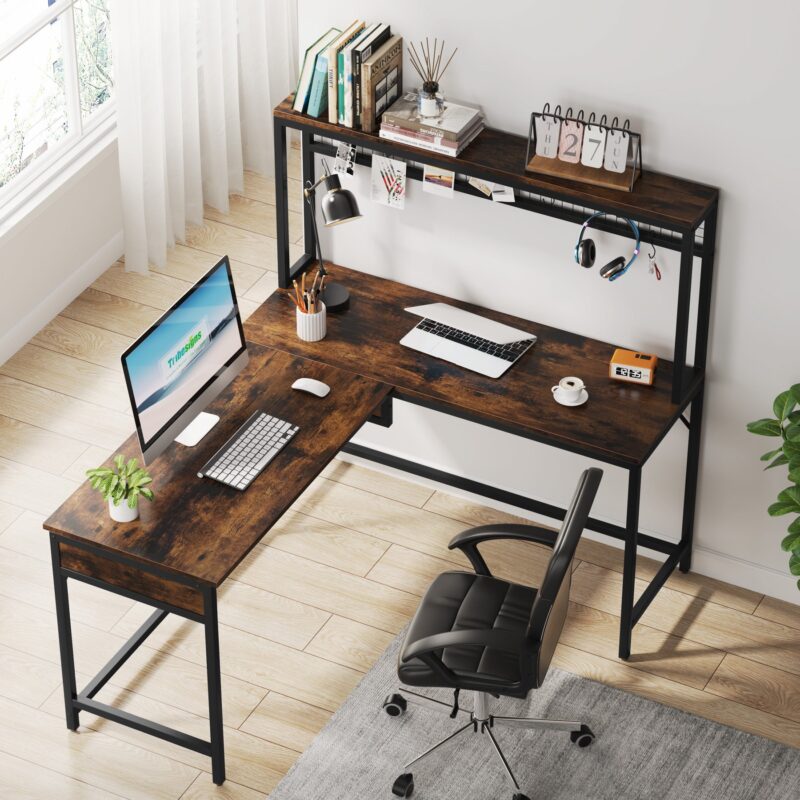 Lift Top L-Shaped Desk, Corner Height Adjustable Desk with Hutch - Image 3